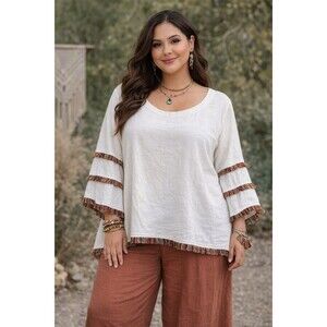 C&C California 2X White Linen Blend Boho Fringe Trim Top Blouse Shirt